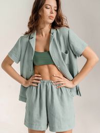 Vêtements de nuit pour femmes Hiloc 100% coton maison costume pour femmes revers vêtements de nuit simple boutonnage pyjama ensemble avec short couleur pure vêtements de nuit avec poche 230515