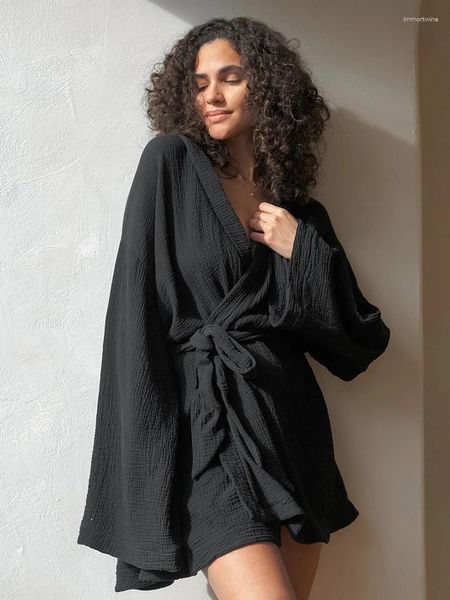 Vêtements de nuit pour femmes robes de coton noir Hiloc pour femmes robes de nuit à manches pleines kimono au-dessus de la robe de genou peignoir avec ceinture