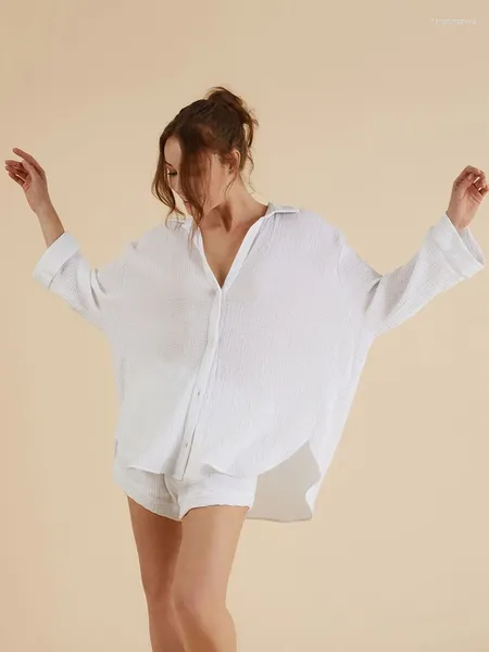 Vêtements de nuit pour femmes Hiloc noir coton simple boutonnage vêtements de nuit sexy revers lâche 2 pièces ensembles femmes tenues femmes pyjama blanc