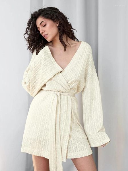 Vêtements de nuit pour femmes Hiloc Noir Tricoté Chemise de nuit Col V Mini Robes Kimono Manches longues Sexy Femmes Vêtements de nuit 2023 Robe élégante Hiver