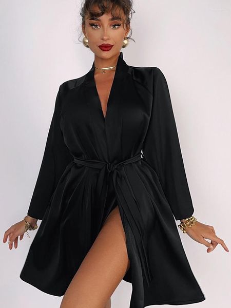 Vêtements de nuit pour femmes Hiloc noir Satin Robe Robe de chambre Robes amples pour femmes peignoir à manches longues chemise de nuit femme 2023 automne mariage