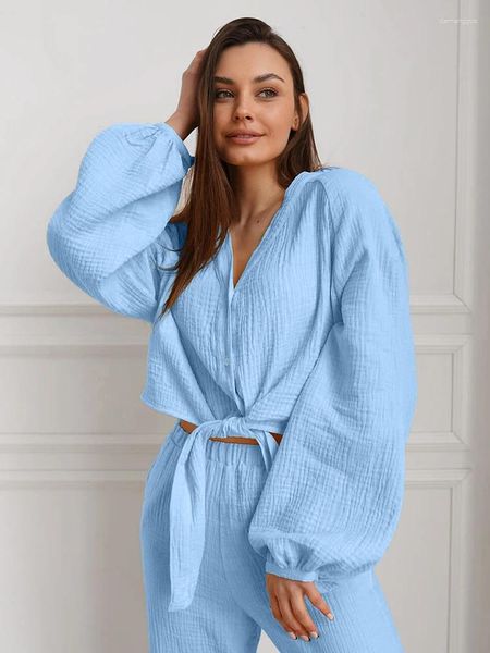 Vêtements de nuit pour femmes Hiloc bleu coton lanterne à manches longues ensembles élégants à lacets hauts courts pyjamas amples pour les femmes ensemble deux pièces