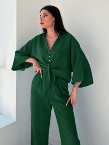 Vêtements de nuit pour femmes Hiloc bleu ensemble ample trois quarts manches pyjamas pour femmes laçage taille haute pantalon large pyjama ensembles vert