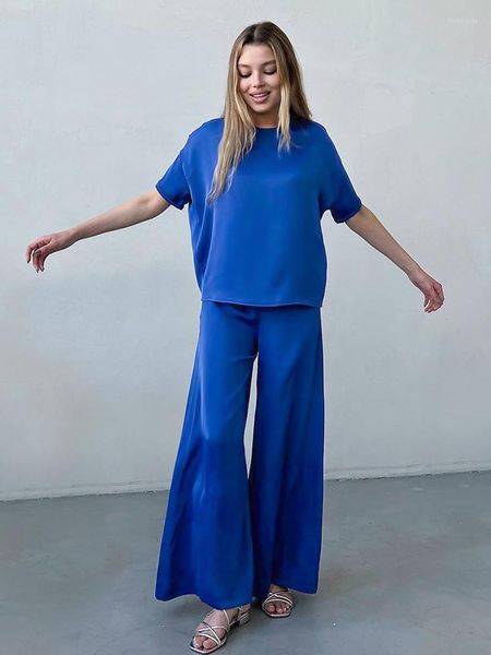 Vêtements de nuit pour femmes Hiloc bleu Satin femmes pyjama taille haute jambe large pantalon ensembles pour 2 pièces manches courtes vêtements de maison en vrac blanc