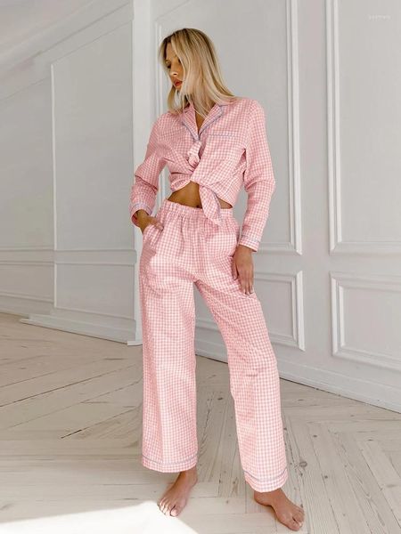 Hiloc – pyjama à manches longues pour femmes, avec poches à carreaux, simple boutonnage, vêtements de maison, col rabattu, costume pour femmes, hiver