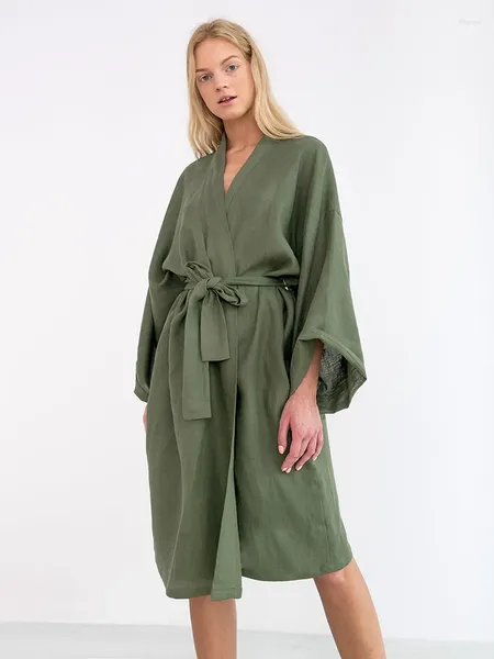 Ropa de dormir para mujer Hiloc Green Cotton Robes para mujeres hasta la rodilla Camisones con cinturón Manga de tres cuartos Vestido elegante 2023 Otoño