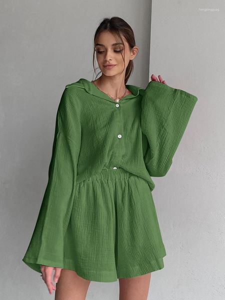 Vêtements de nuit pour femmes Hiloc Green Pyjamas pour femmes Loungewear Lâche Rose Manches longues à manches longues à revers à revers Ensembles courts Casual 2023 Printemps