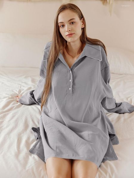 Ropa de dormir para mujer Hiloc Vestido de noche gris Mujeres sueltas 2023 Turn Down Collar Sexy Atractivo Nightgown Otoño Mujer Vestidos