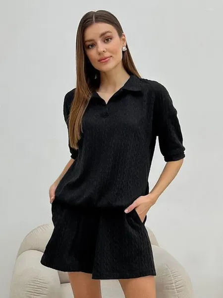 Ropa de dormir para mujer Hiloc Knitting Black Pajama Mujer Invierno Manga corta en Turn Down Collar Sets 2023 Conjunto de dos piezas