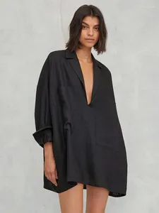 Vêtements de nuit pour femmes Hiloc revers col en V profond robes de femme robe de nuit en coton blanc femmes chemises de nuit noir à manches longues au-dessus du genou chemise de nuit