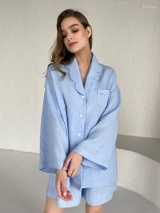 Vêtements de nuit pour femmes Hiloc Loose Cotton Pyjama Sets Pocket Single-Breasted Clothing Women Summer 2023 Long Sleeve Women's Pyjamas Blue