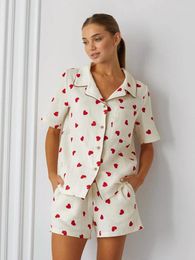 Vêtements de nuit pour femmes Hiloc Love Print Pyjama en coton pour femmes Modèle à manches courtes Deux pièces Set Pocket Revers Single-Breasted Loungewear 2024
