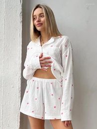 Hiloc – vêtements de nuit pour femmes, imprimé Love, ample, ensemble 2 pièces, manches longues, en coton, avec short, pyjama décontracté, printemps