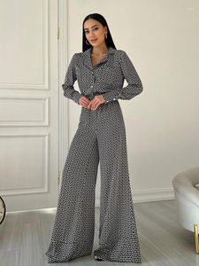 Vrouwen Nachtkleding Hiloc Print 2023 Herfst Pocket Lange Mouw Pyjama Sets Voor Vrouwen 2 Stuks Hoge Taille Flare Broek elegante