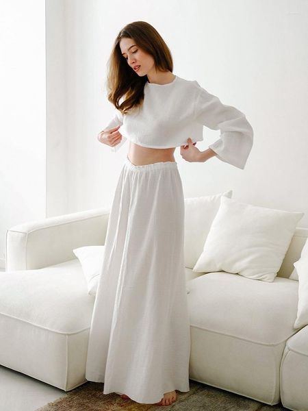 Hiloc – vêtements de nuit en coton blanc pour femmes, vêtements de maison, bleu, manches longues, haut court, jupe ample, taille haute, ensemble pyjama élégant