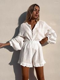 Hiloc – vêtements de nuit en coton blanc pour femmes, manches longues lanterne, ensembles assortis, short à volants, taille haute, boutons, vêtements de détente