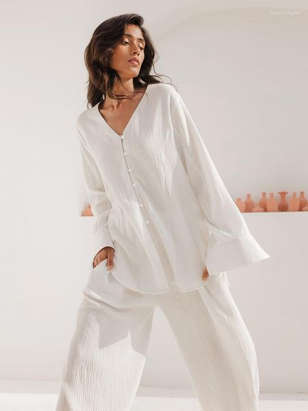 Ropa de dormir para mujer Hiloc Ropa de dormir de algodón blanco Manga larga Mujer Pijama Pantalones de cintura alta Conjunto de un solo pecho con cuello en V Traje de casa Primavera