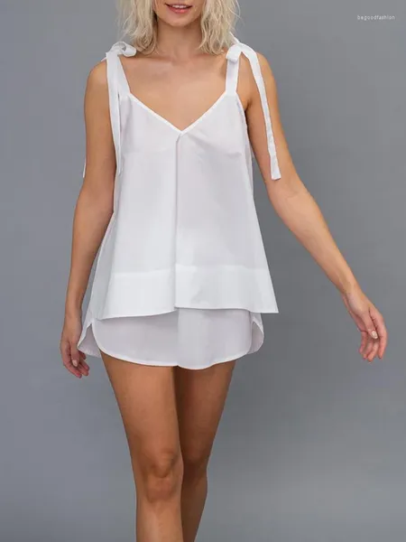 Hiloc – pyjama en coton blanc pour femmes, vêtements de nuit, laçage, dos nu, sexy, short fendu, ensemble féminin, printemps 2024