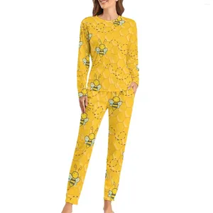 Hises de vêtements de nuit pour femmes imprimer un pyjamas miel abe 2 pièces décontractées ensemble femelle longue à manches chaudes surdimensionnées