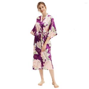 Dames Nachtkleding Thuis Kleding Vrouwen Kimono Paarse Bloem Gedrukt Satijnen Gewaden Lange Sexy Nachtjapon Vintage Nachtkleding