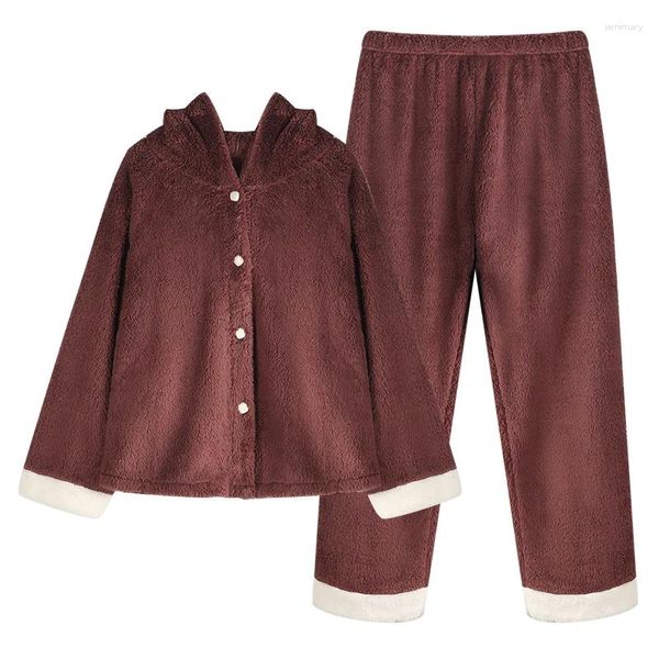 Pyjama à capuche en flanelle pour femmes, ensemble thermique, chaud, épais, confortable, boutons, manches longues, haut et pantalon