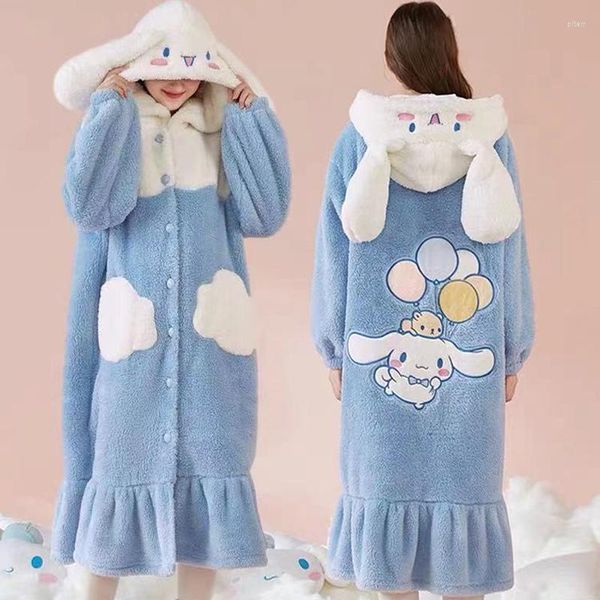 Ropa de dormir para mujer Camisones con capucha para mujer Dibujos animados Orejas largas Perro Cálido y acogedor Sleepshirt Kawaii Camisón diario Vestido de noche de franela de invierno