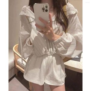 Vrouwen Nachtkleding Hooded Vrouwen Pyjama Shorts Sets 2 Stuk Zomer Pijama Koreaanse Loungewear Lange Mouw Rits Thuis Kleding Nachtkleding