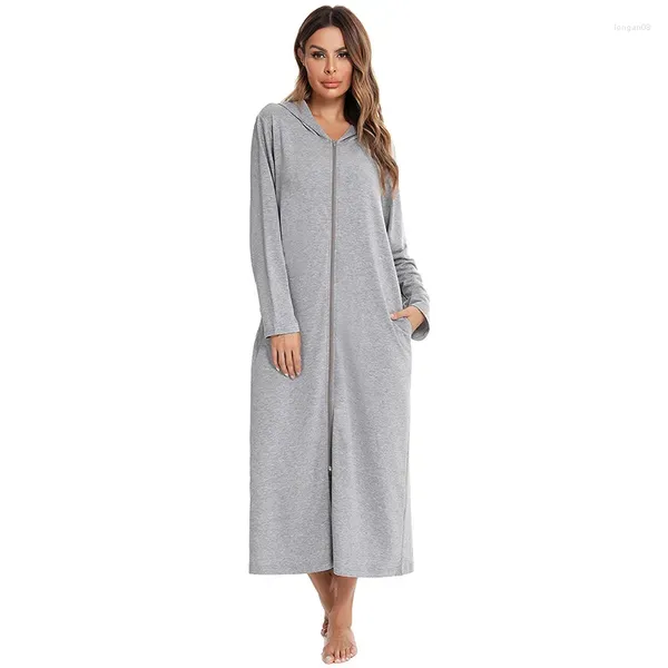 Ropa de dormir para mujer Cremallera con capucha Cremallera de manga larga Camisón 2023 Otoño Cardigan suelto Cálido Mujeres Inicio Nightdress Europa América Plus Tamaño