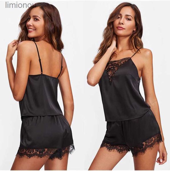 Ropa de dormir para mujer Ropa de dormir caliente para mujer Lencería sexy para mujer Conjunto de pijamas de satén de encaje Top sin mangas elegante y pantalones cortos Traje de noche Conjunto de ropa interior PjC24319