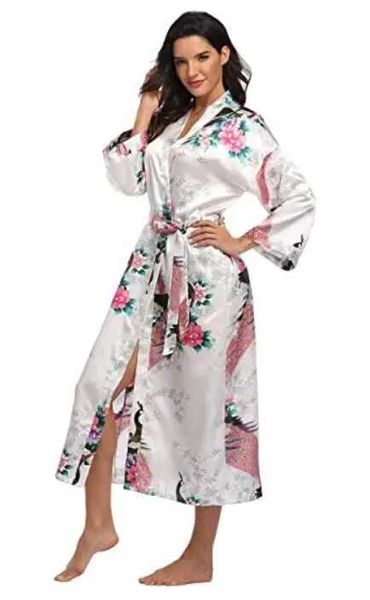 Vendre chaude des femmes Vente chaude noire d'été Satin Kimono Bathrobe de femme mariée femme de mariée robe robe robe sexy fleur longue slpwear m-3xl y240426