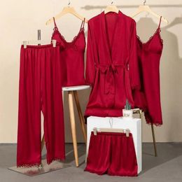 Dames Nachtkleding Ijs Zijde 5 Stuks Pyjama Pak Voor Vrouwen Satijnen Pyjama V-hals Zomer Losse Loungewear Sexy Nachthemd Homewear