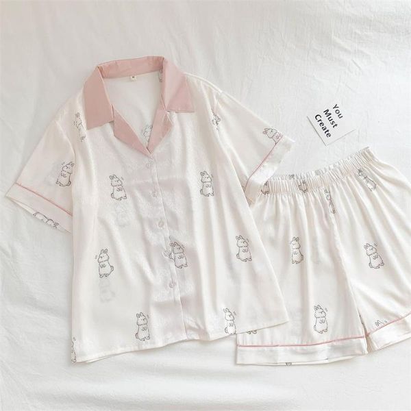 Pyjama en soie glacée pour femmes, vêtements de nuit pour femmes, manches courtes, fin, japonais, mignon, blanc, vêtements de maison