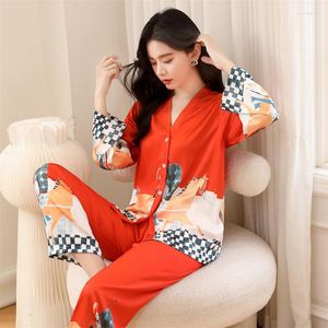 Pyjama en soie glacée pour femmes, vêtements de nuit, manches longues, imprimé, col kimono, mode service à domicile, satin, peut être porté à l'extérieur