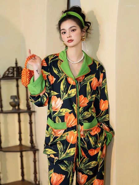 Ropa de dormir para mujeres Tulip Tulip Pajama con pijama retro de manga larga romántica El traje de dos piezas se puede usar al aire libre en primavera y