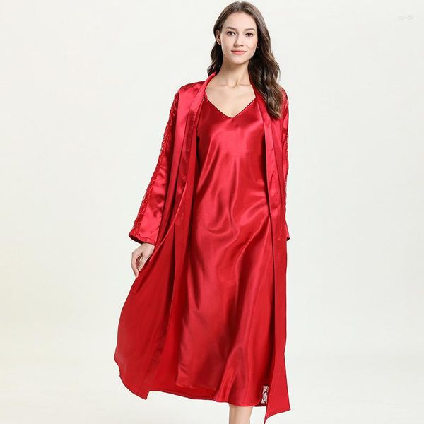 Vêtements de nuit pour femmes, pyjama long en imitation soie, jupe suspendue, ensemble deux pièces, Sexy, peignoir à lacets, couleur unie, vêtements de maison