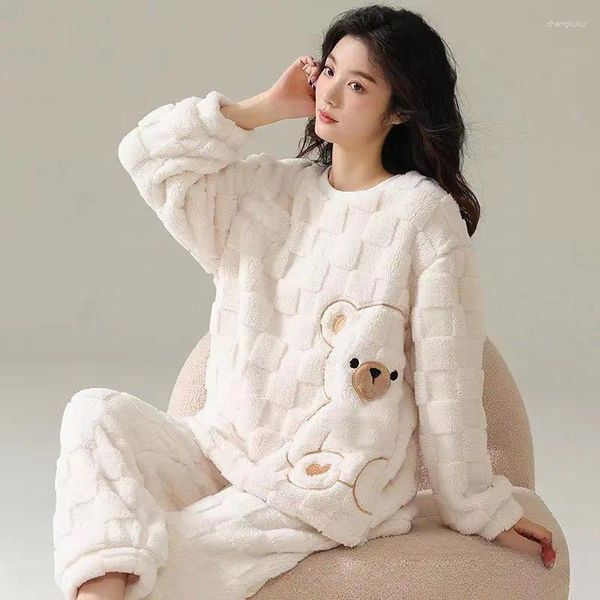 Ropa de dormir para mujer INS Japón oso otoño invierno cálido franela mujeres pijamas conjuntos grueso Coral terciopelo sólido polar ropa de casa Casual