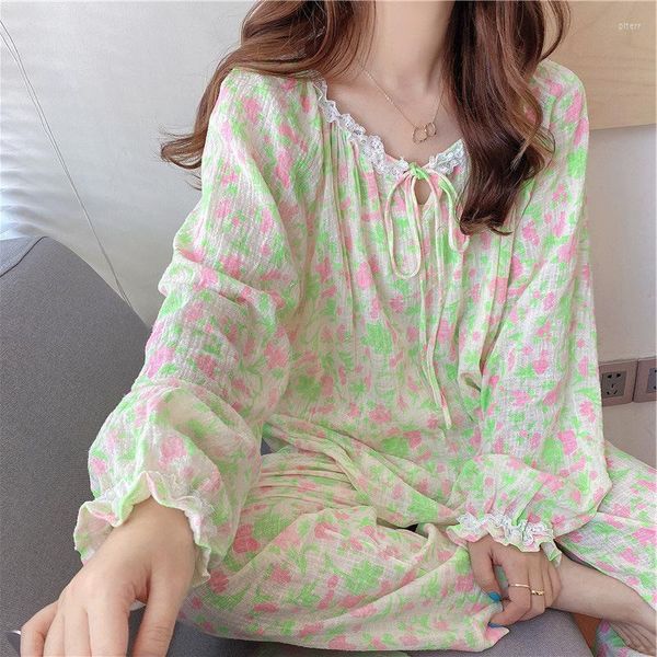 Ropa de dormir para mujer Estilo Ins Conjuntos de pijama de flores de manga larga para mujer. Pantalones de tops florales de color fluorescente. Conjunto de pijama de mujer vintage.