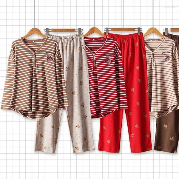 Ropa de dormir para mujer Celebridad de Internet Dulce Oso a rayas Pijamas de algodón Pantalones de manga larga Ropa de descanso Suelta Casual Otoño e invierno