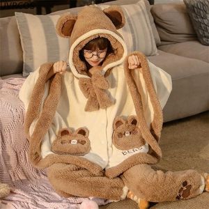 Dames slaapkleding Japan schattig lolita pyjama's sets meisjes zoete beer oorkap coral fleece mantel slaapkleding vrouwen winter kawaii huis kleding pyjama 220913