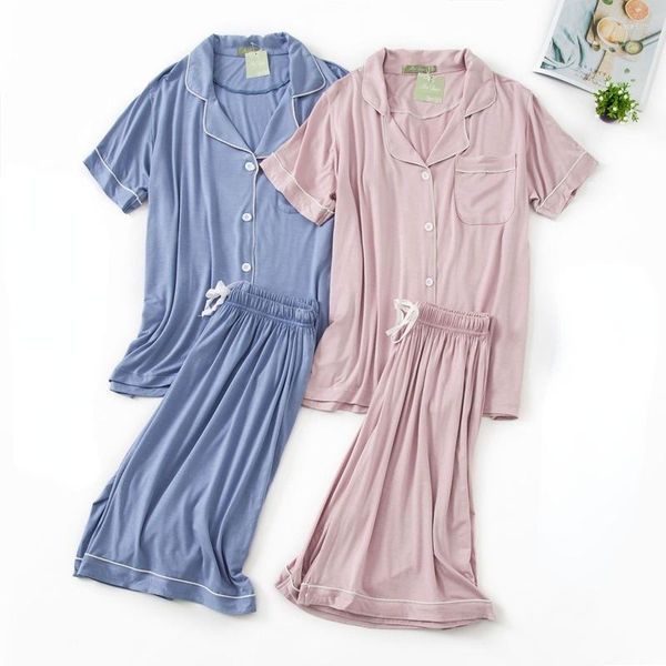 Vêtements de nuit pour femmes Couple japonais pyjama costume coton solide dames simple chemise à manches courtes et short deux pièces ensemble service à domicile pour hommes