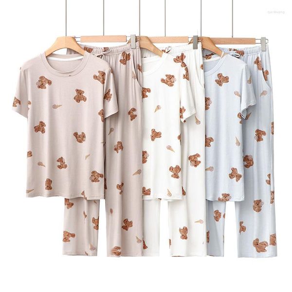 Ropa de dormir para mujer Japonés Kawaii Oso de dibujos animados Estampado completo Conjuntos de pijamas O-cuello Pantalones de manga corta Homewearsuit Suelto Simple Verano