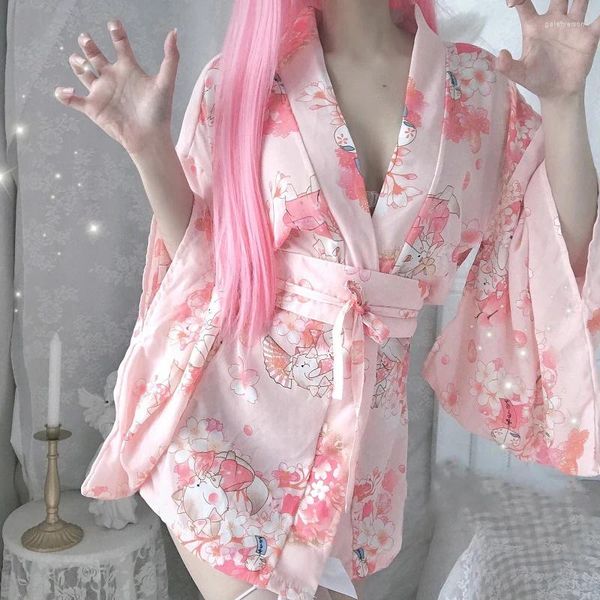 Vêtements de nuit pour femmes japonais rose fleur de cerisier mignon ludique kimono pyjamas en mousseline de soie sexy lingerie femme tentation satin robe cosplay