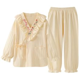 Dames slaapkleding Japanse lente herfst vrouwen pyjama sets katoen crêpe vrouwelijk vaste eenvoudige pant met lange mouwen pant home suit meisje foral print slaapkleding 230316