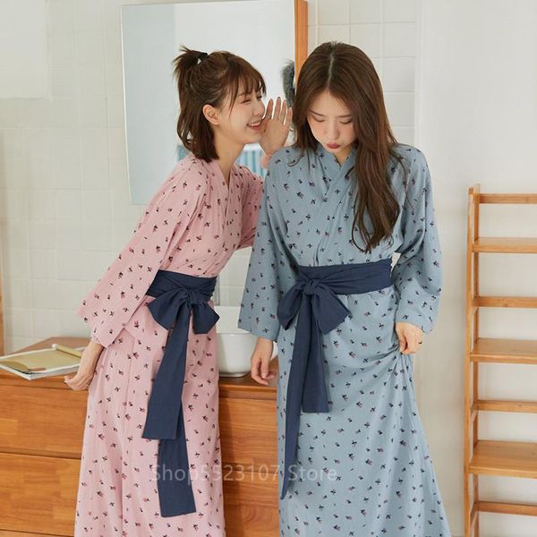 Vêtements de nuit pour femmes Style japonais Kimono à manches longues fleur imprimé Cardigan Yukata femmes rétro Homewear pyjamas élégant chemise de nuit ceinture