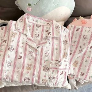 Dames slaapkleding Japanse zoete cartoon schattige kat gestreepte pyjama's dames lange mouw lente/zomer nieuwe Koreaanse huiskleding satijnen zijden pyjama's pak Q240528