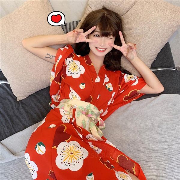 Ropa de dormir para mujer, Kimono Yukata tradicional japonés para mujer, bata de baño para niña con cinturón, ropa de calle roja con estampado de flores, manga larga esponjosa