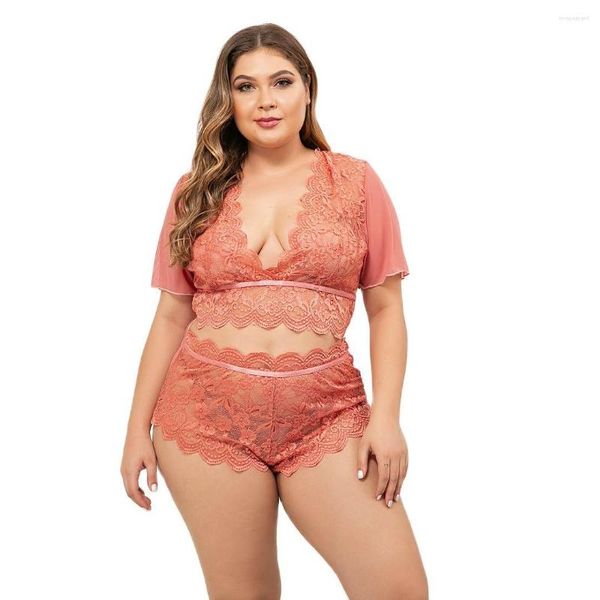 Vêtements de nuit pour femmes Jiaheng Mumu Tulle Dentelle Sexy Pyjamas Set 2023 Été Plus Taille Manches courtes Loungewear Costume Femme Deep V 4XL