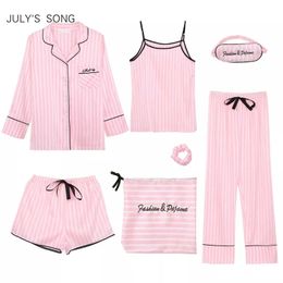 Dames Sleepwear July's Song Pink 7 Pieces Dames Pyjama's Sets Faux Silk Striped Pyjama Dames Pyjama's Sleepwear Sets Spring Summer Huiskleding 230316