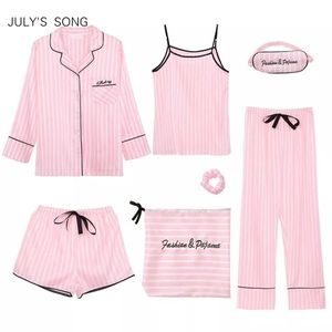 JULY'S SONG Rose 7 Pièces Ensembles de Pyjamas pour Femmes Pyjama Rayé en Faux Soie Pyjamas pour Femmes Ensembles de Vêtements de Nuit Printemps Été Homewear 220913
