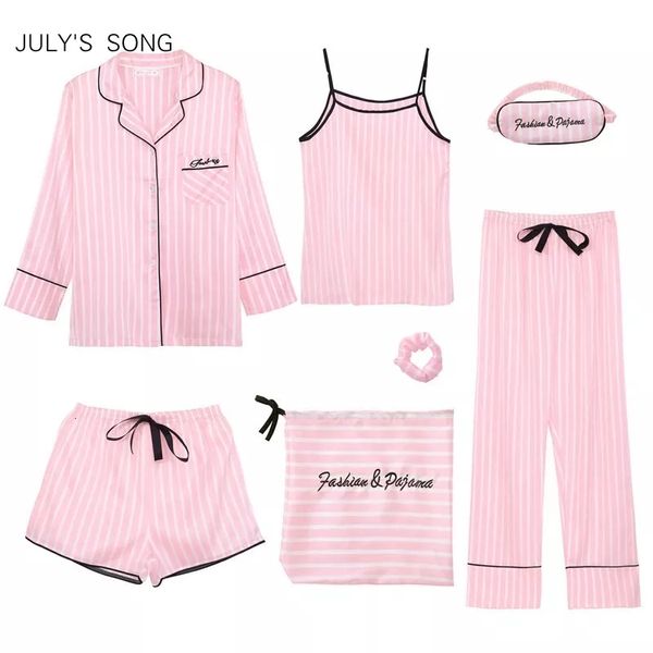 Vêtements de nuit pour femmes JULY'S SONG rose 7 pièces ensembles de pyjamas pour femmes pyjama rayé en fausse soie pyjamas pour femmes ensembles de vêtements de nuit printemps été Homewear 230316